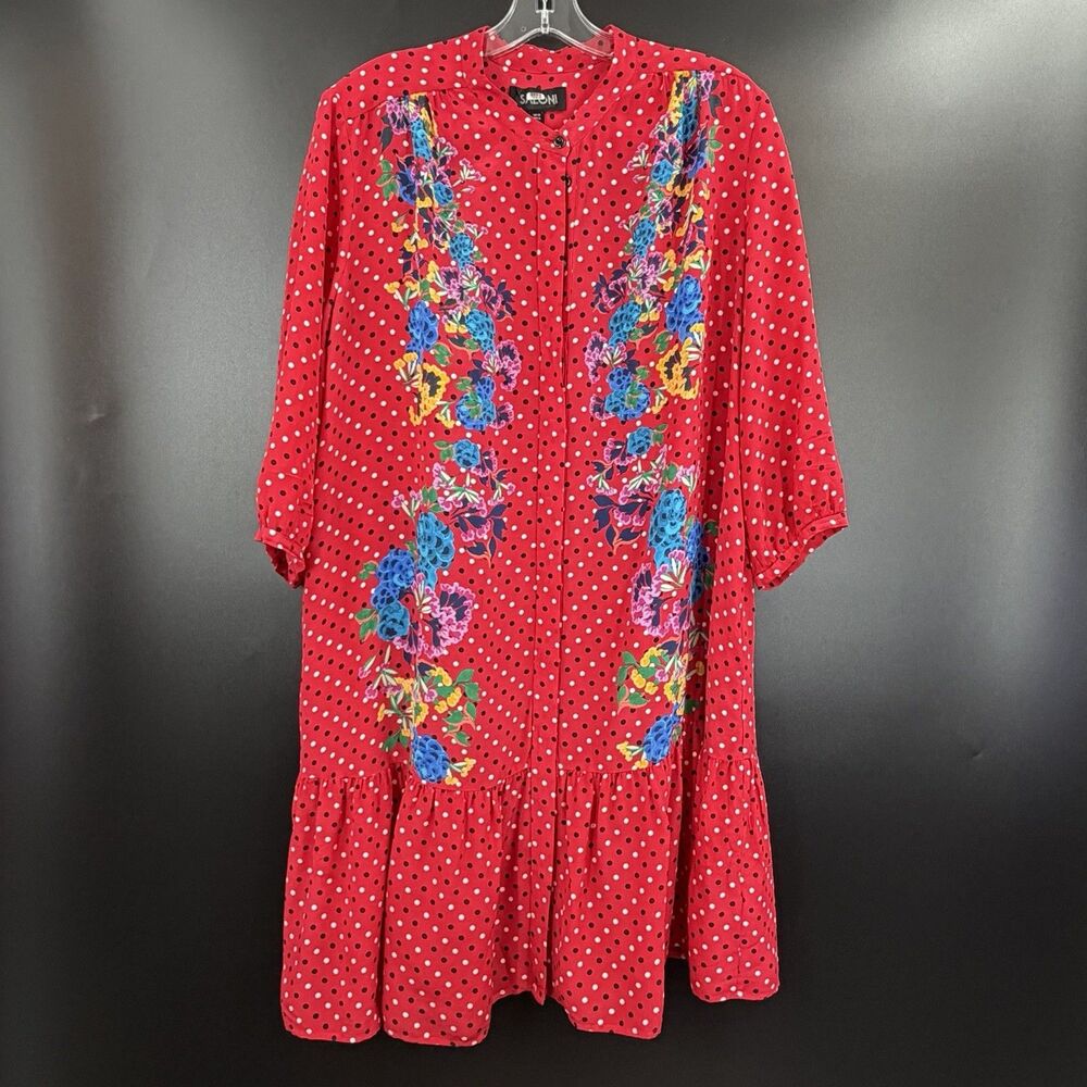 Saloni Women Fit & Flare Dress Short Red Floral Dot Silk VNeck 1/2 Sleeve Sz 12